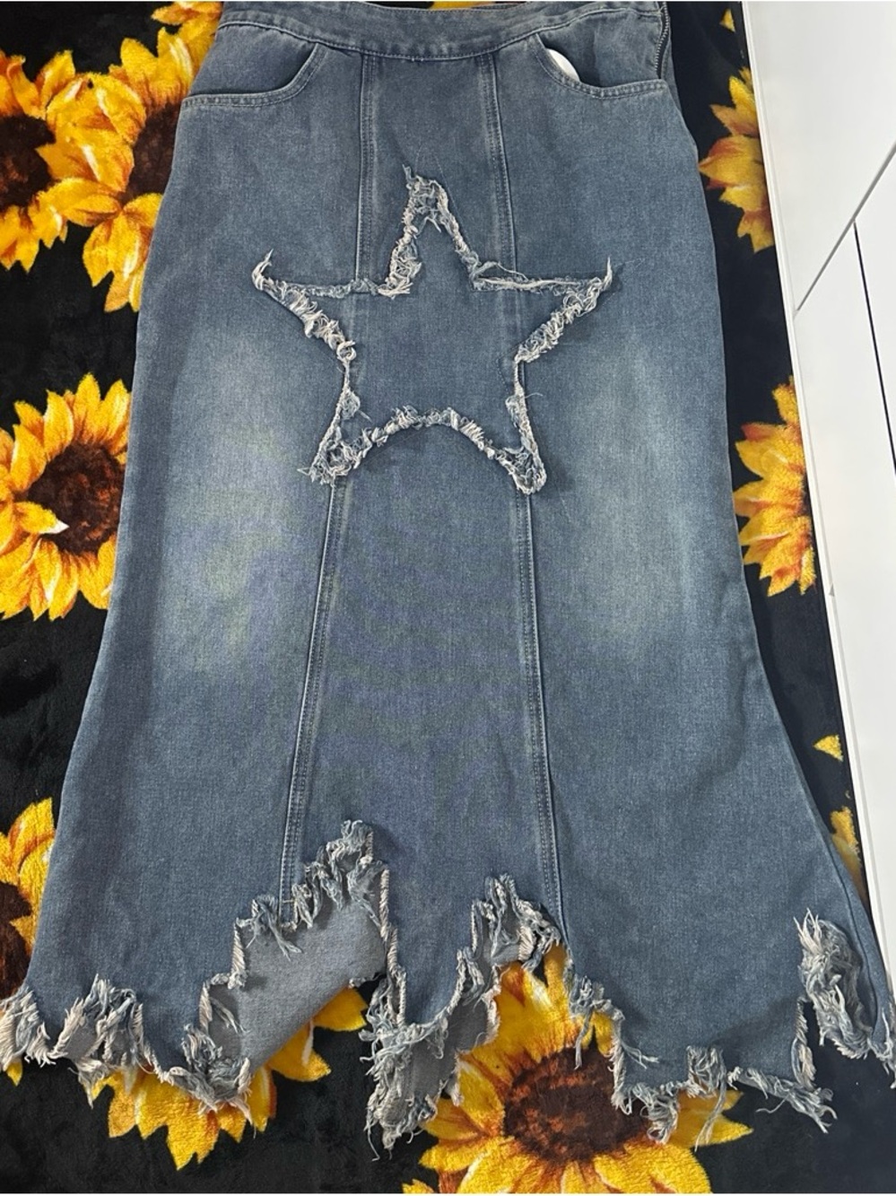 Fashion Nova Blue Denim Maxi Skirt with Frayed Star Detail